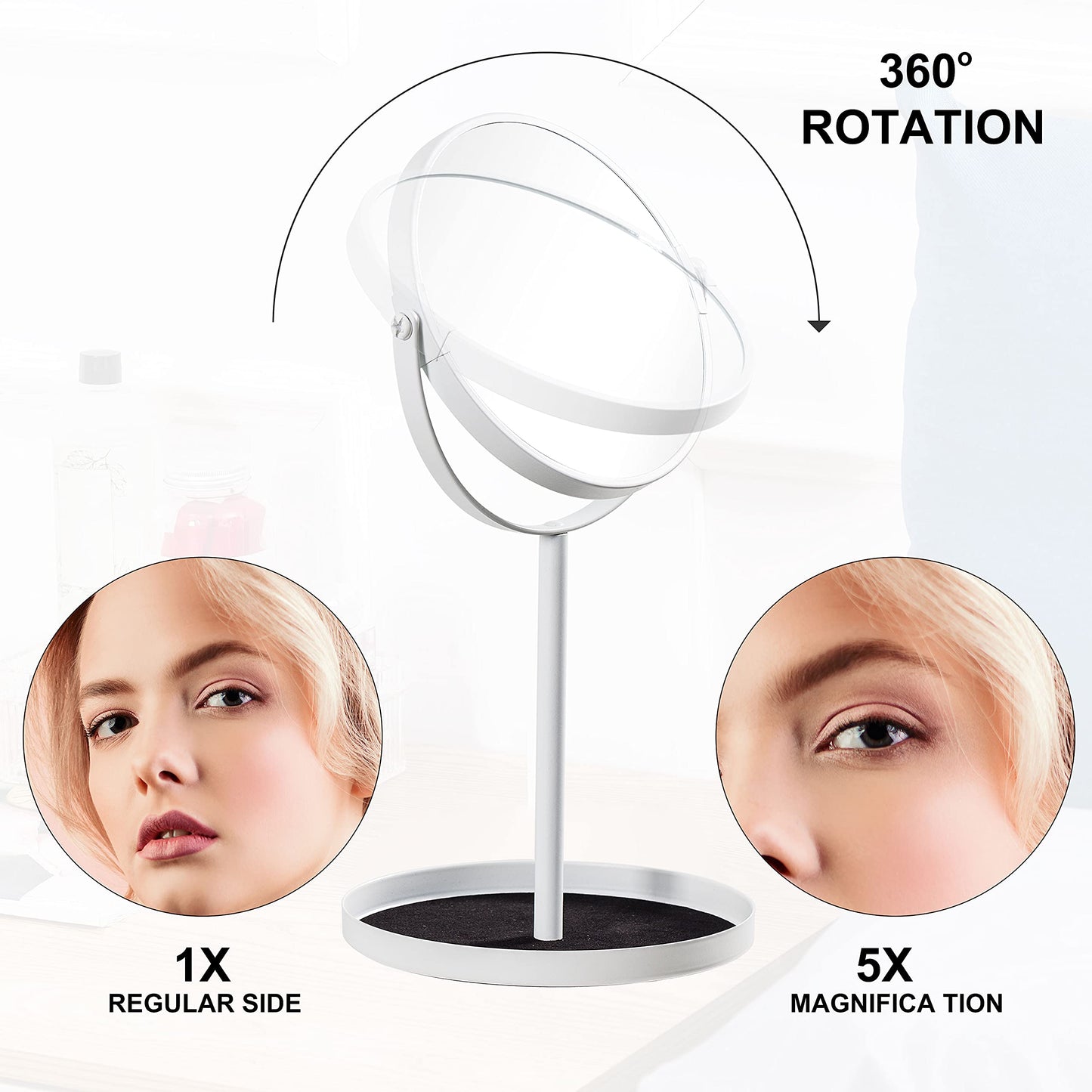 Ettori Makeup Mirror Dual Sided Vanity Mirror, 1X and 5X Magnification, 360 Swivel Round Mirror, No Light, White Beauty & Personal Care Ettori