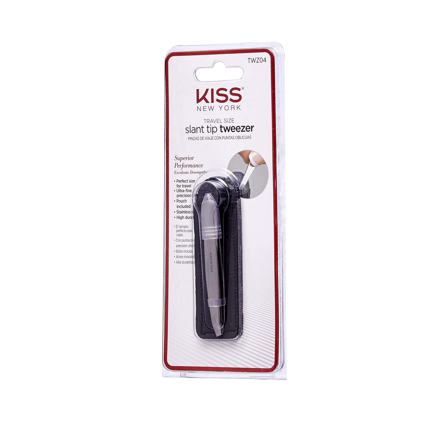 KISS NEW YORK Travel Size Slant Tip Tweezer with Pouch, Ultra-Fine Precision Tip, Stainless Steel (TWZ04) Beauty and Personal Care Kiss