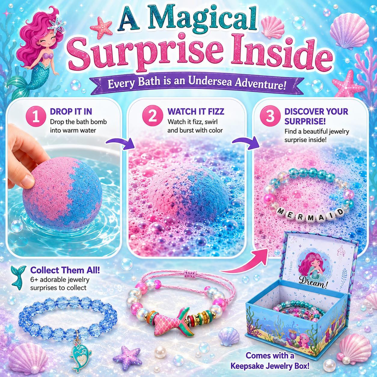 Bath Bombs for Kids with Surprise Inside, Mermaid Bath Bombs for Girls with Jewelry & Jewelry Box for Kids Organic, Skin Moisturizing, Natural Bubble Beauty and Personal Care Mineral Me California