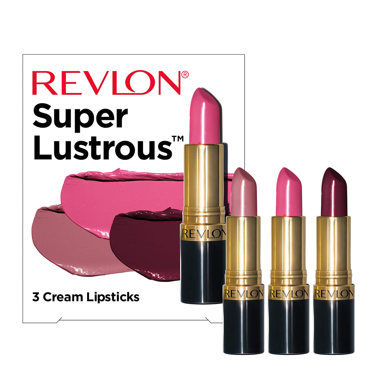 Revlon Super Lustrous 3-Piece Lipstick Gift Set, High Impact, Moisturizing, Cream Finish, 764 On The Mauve, 778 Pink Promise, 477 Black Cherry, 0.45 Beauty & Personal Care REVLON