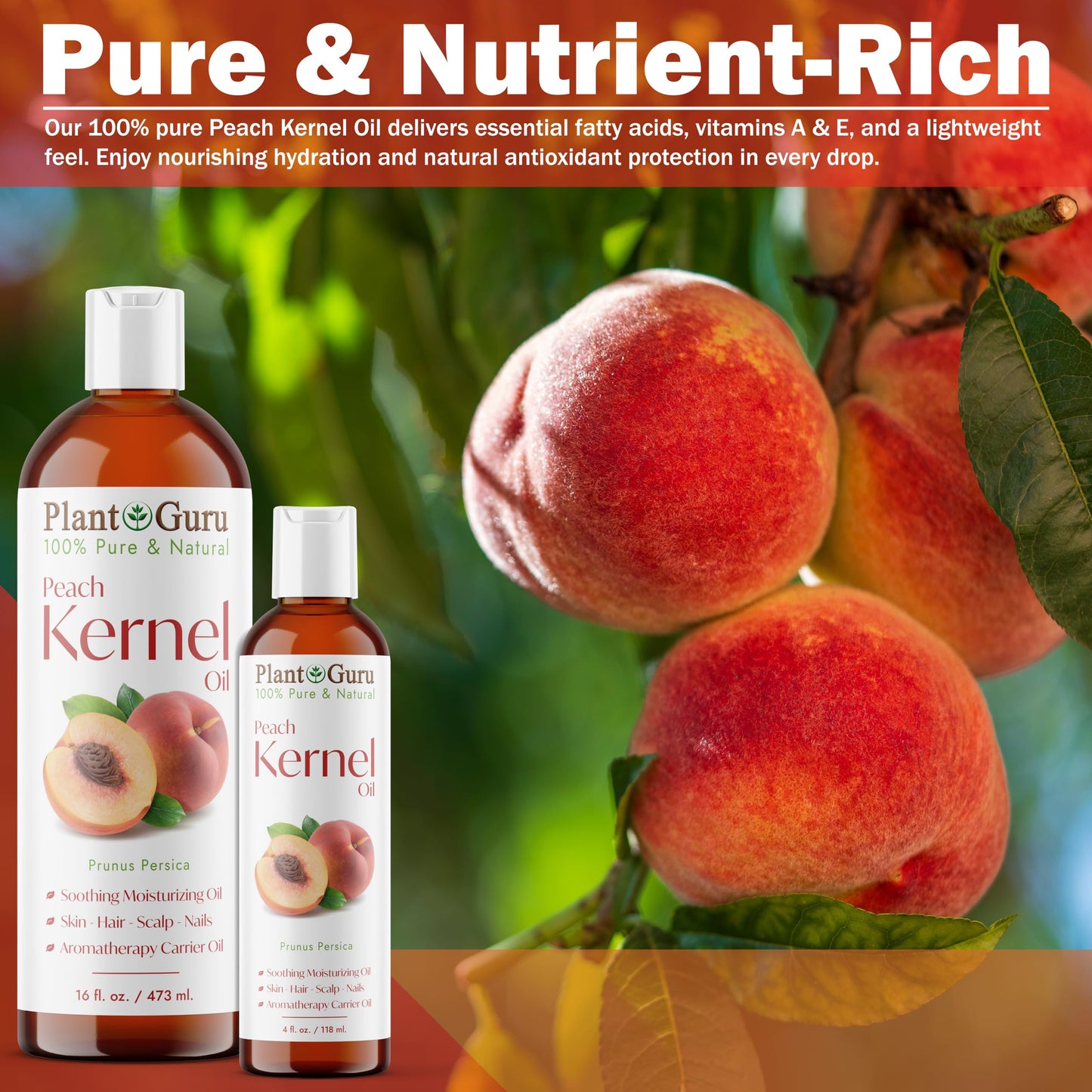 Peach Kernel Oil 16 fl. oz. Cold Pressed 100% Pure & Natural Carrier - Ideal for Skin, Face, Body, and Hair Moisturizer. Great for DIY Creams Beauty & Personal Care Plant Guru