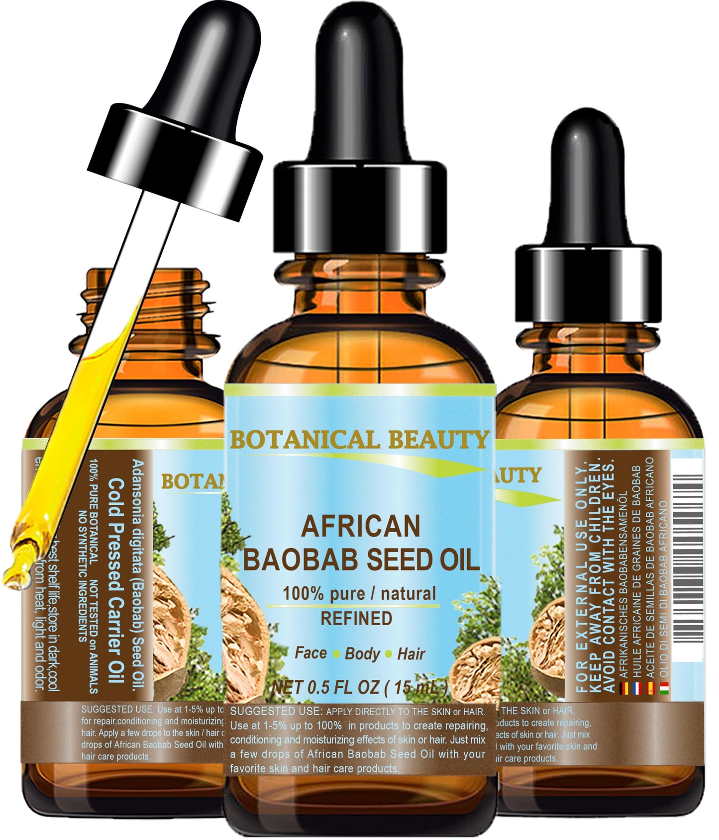 Botanical Beauty BAOBAB SEED OIL 100% Pure Natural Refined Cold-Pressed Carrier Oil 0.5 Fl oz 15 ml For Face Skin Body Hair Lip Nails Rich in Vitamin Beauty & Personal Care Botanical Beauty