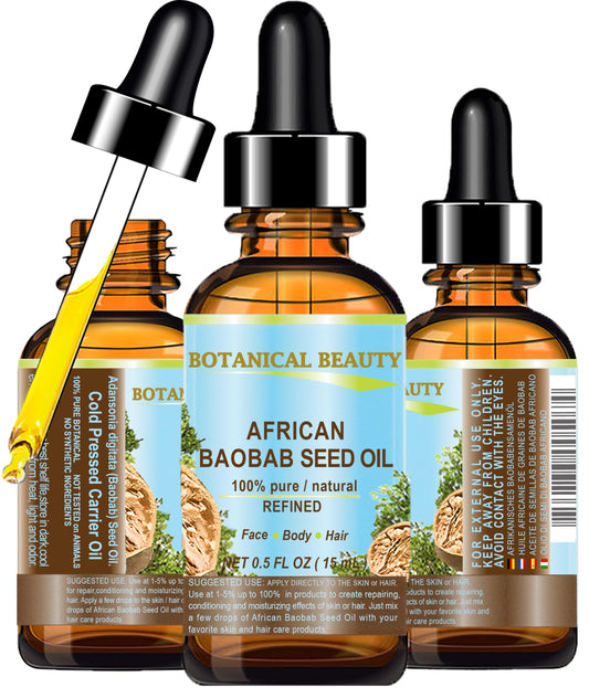 Botanical Beauty BAOBAB SEED OIL 100% Pure Natural Refined Cold-Pressed Carrier Oil 0.5 Fl oz 15 ml For Face Skin Body Hair Lip Nails Rich in Vitamin Beauty & Personal Care Botanical Beauty