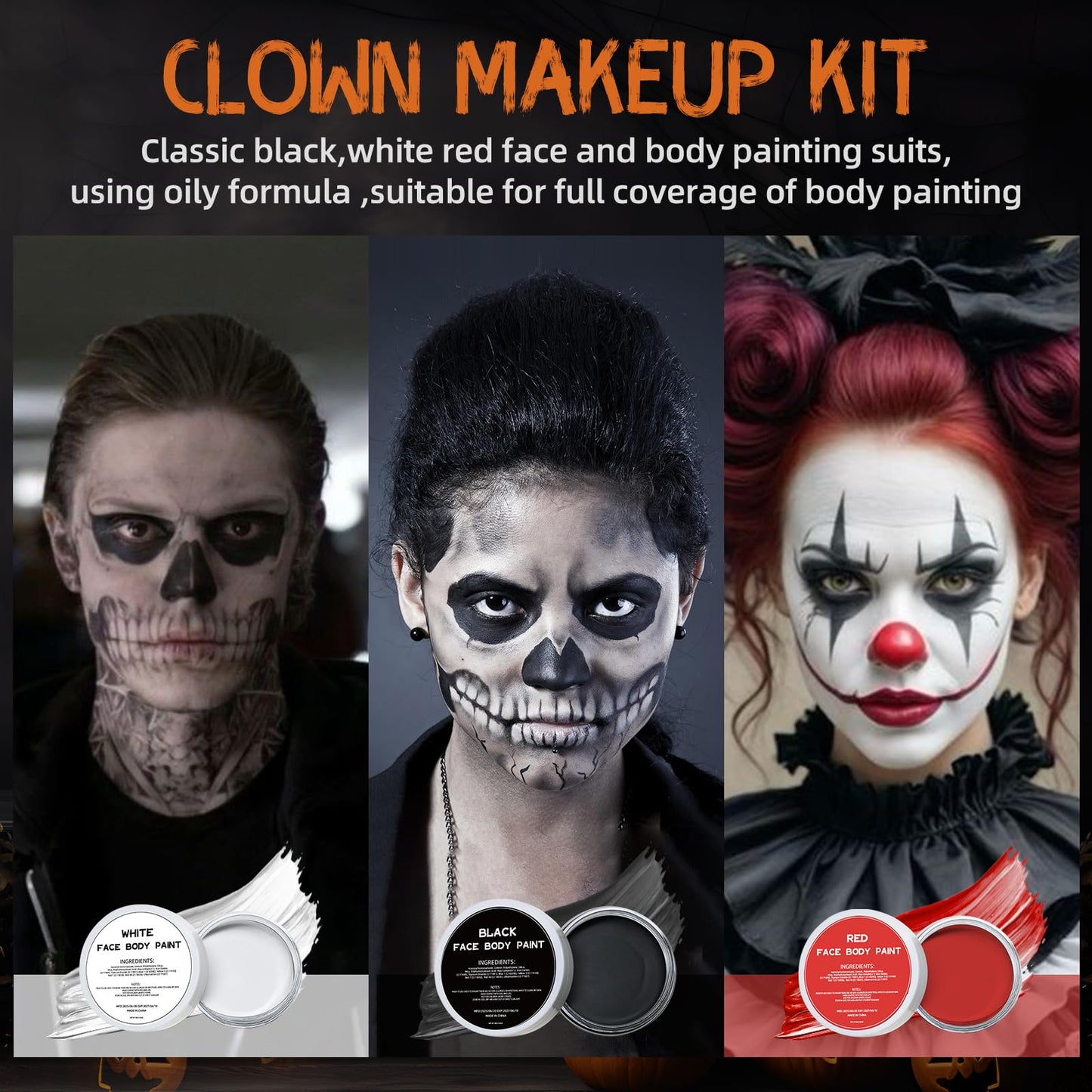 White Black Red Oil Face Body Paint Set,Halloween Joker Clown Makeup Kit with 3 Brushes, Professional Black White Red Face Body Painting Kit Beauty & Personal Care VPCRT6