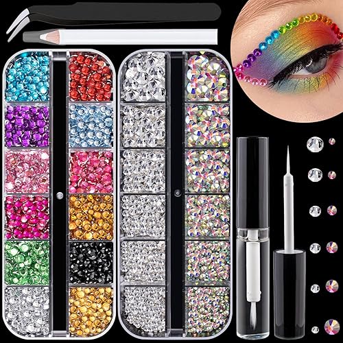 Flat Back Rhinestone Kits Colorful Rhinestones+Crystal AB&Transparent White Face Gems Nail Gem with Quick Dry Makeup Glue+Picker Pencil+Tweezer Beauty & Personal Care BELLEBOOST