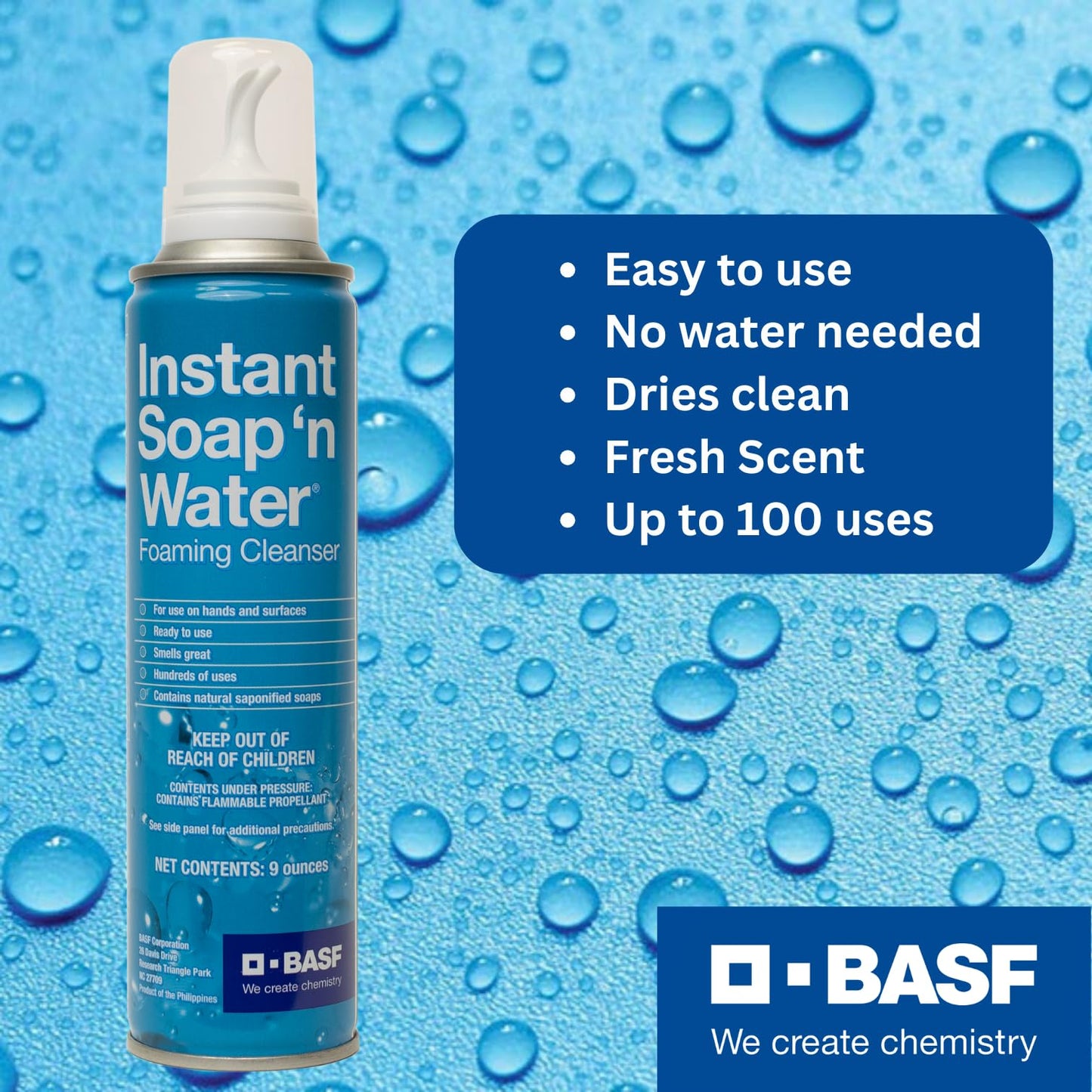 BASF Instant Soap 'n Water, Foaming Hand Cleanser, Ready to Use No Rinse Subtle Scent Skin Cleaner, On the Go, Home, Work, Travel, Up to 100 Washes, 9 Beauty & Personal Care BASF