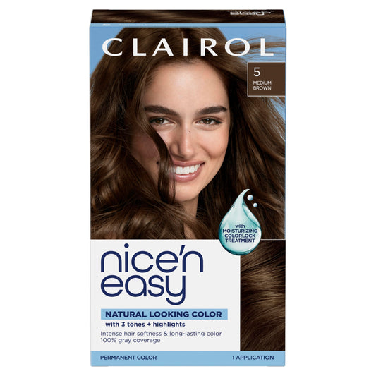 Clairol Nice'n Easy Permanent Hair Dye, 5 Medium Brown | 100% Gray Coverage | Long?Lasting, Natural?Looking Color & Shine | Pack of 1 Beauty & Personal Care Clairol