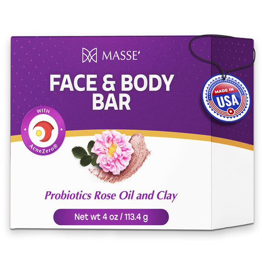 MASSE' Face & Body Bar - Probiotic with Rose Oil & Clay Infused cleansing body bar with Coleus, Vitex Berry Extracts - For Men and Women - Ideal Beauty & Personal Care MASSE'