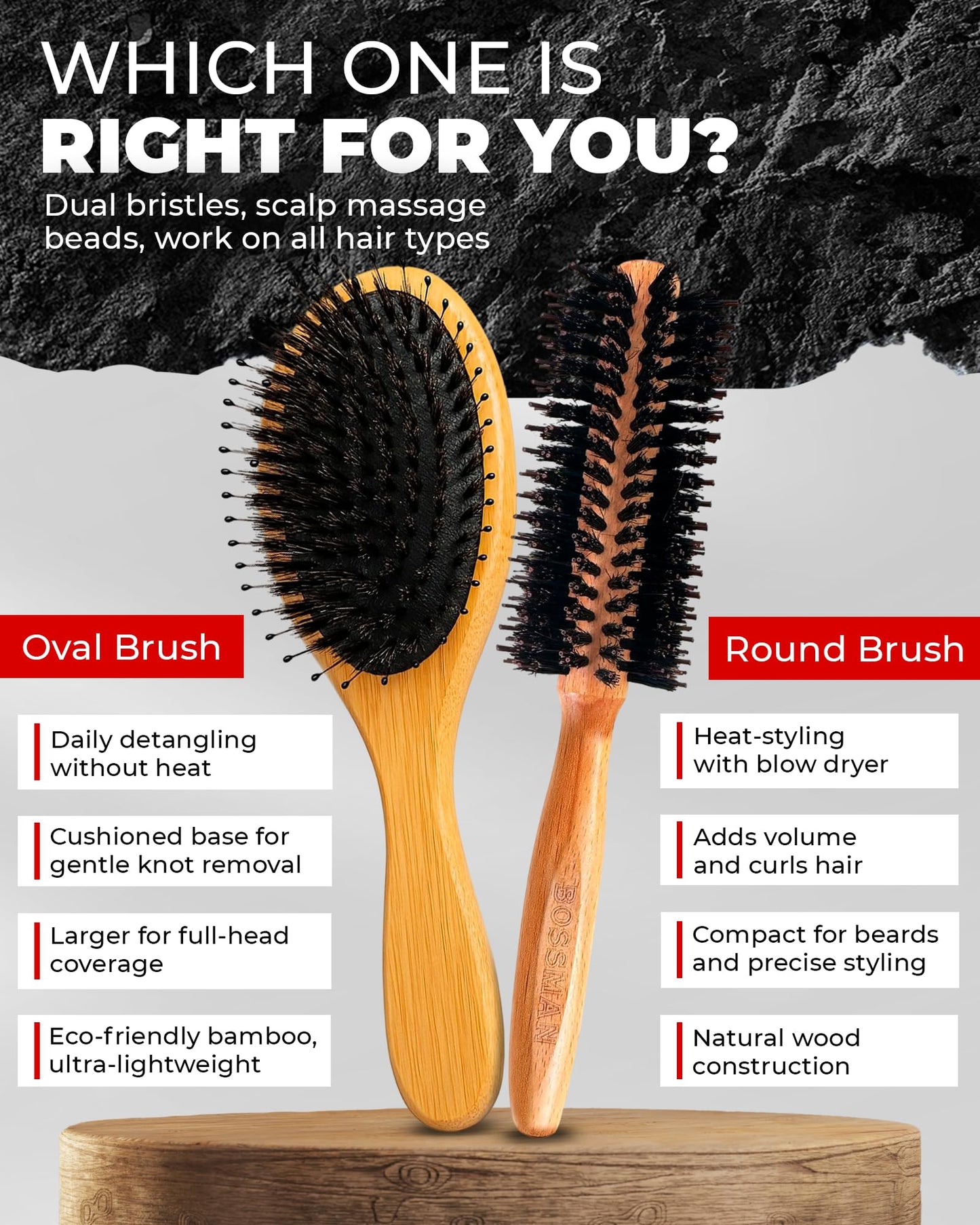 Bossman Boar & Nylon Bristle Round Hair Brush, 2 Inch - Blow Dryer Brush for Styling, Curling, Detangling, and Straightening Beauty & Personal Care Bossman