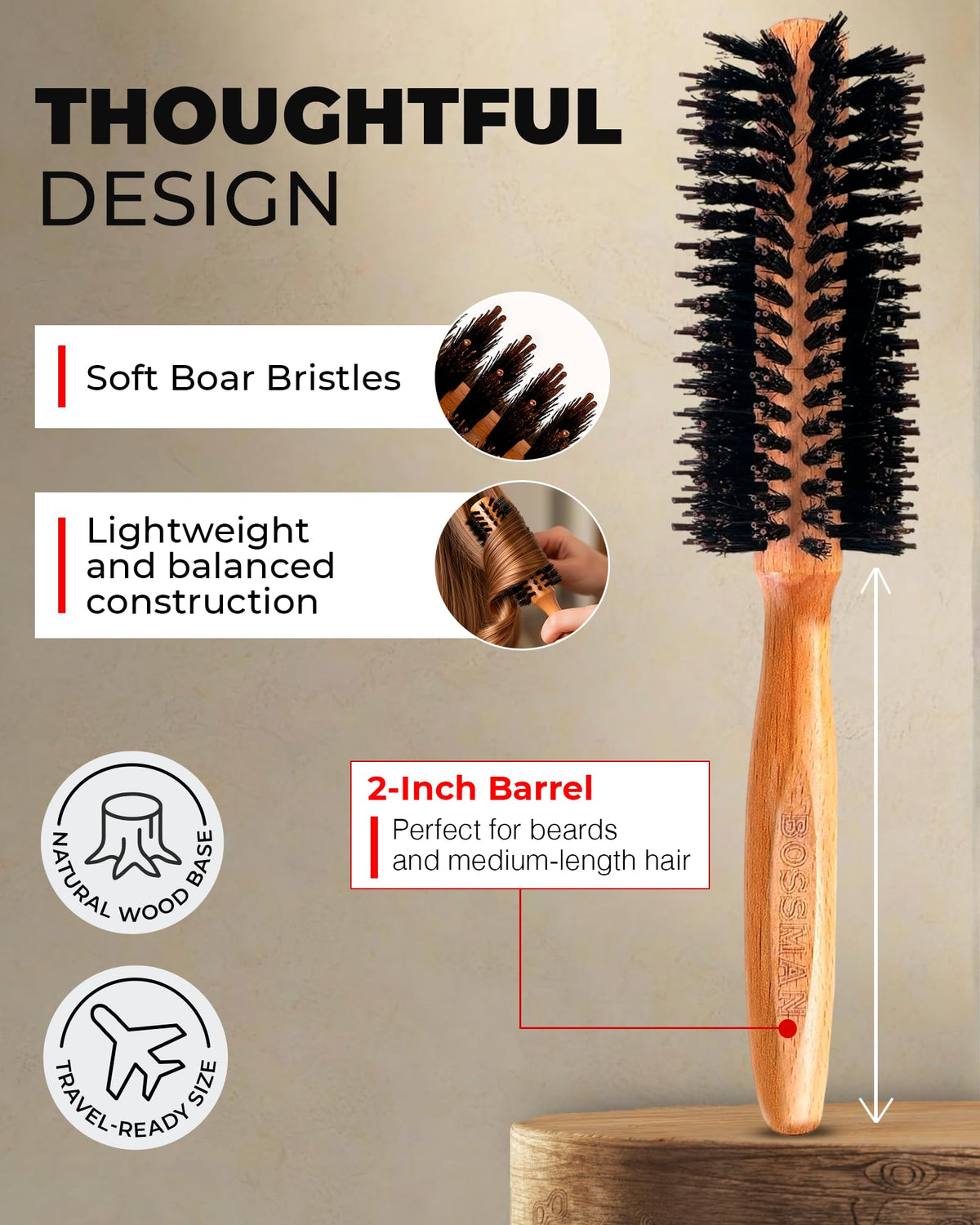 Bossman Boar & Nylon Bristle Round Hair Brush, 2 Inch - Blow Dryer Brush for Styling, Curling, Detangling, and Straightening Beauty & Personal Care Bossman