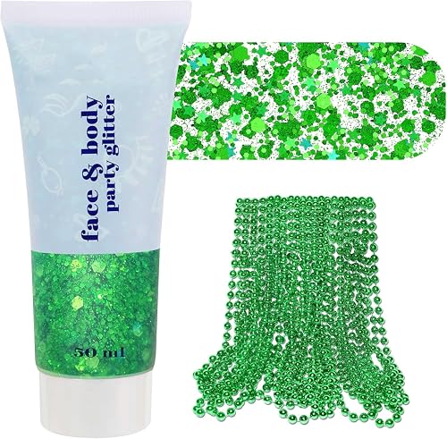 St Patricks Day Accessories Green Face Glitter & 10 PCS 7mm 33’ St Patricks Day Decorations Green Beaded Necklace Set, Christmas Glitter for Hair Beauty & Personal Care faglowmify
