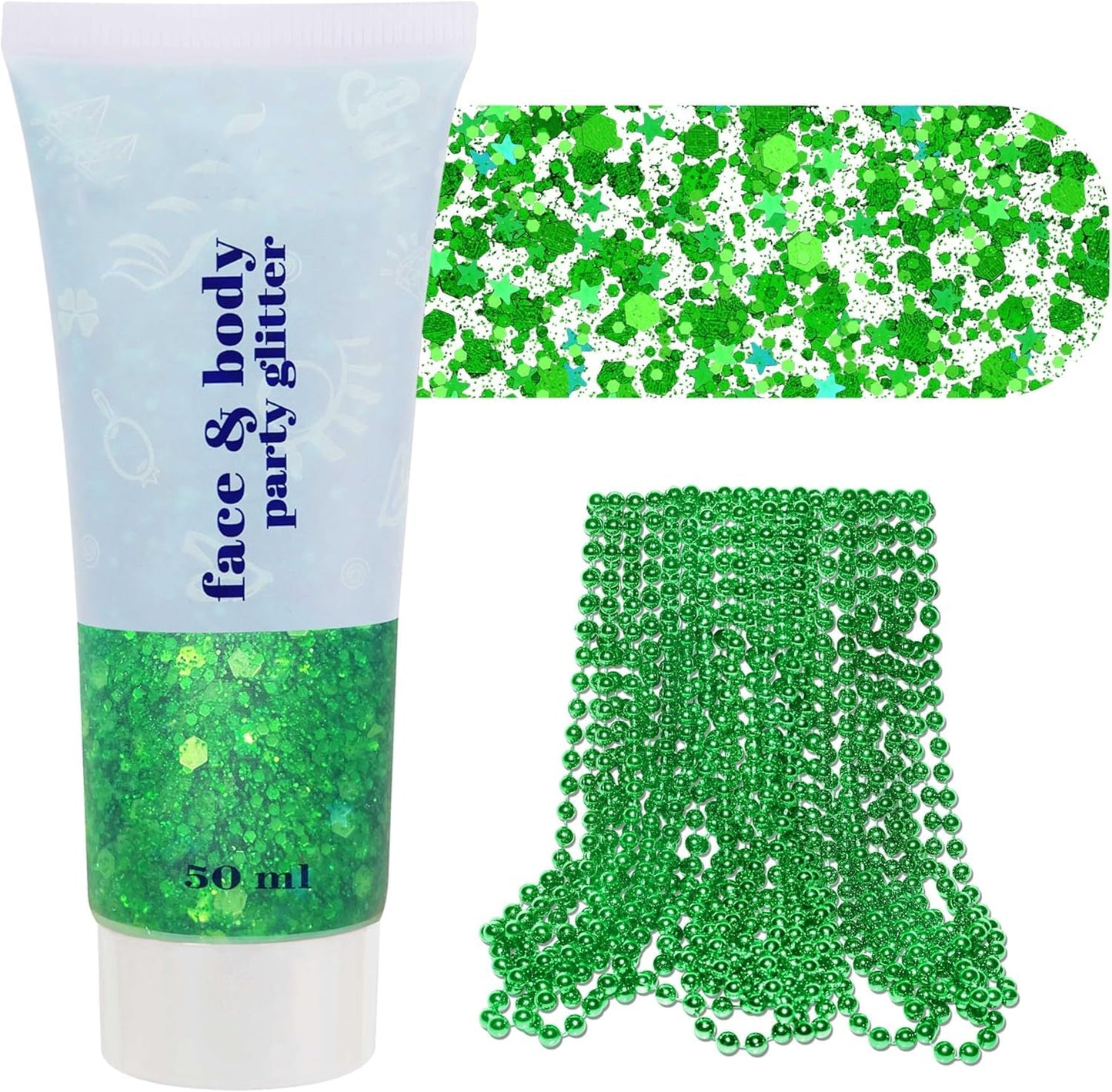 St Patricks Day Accessories Green Face Glitter & 10 PCS 7mm 33’ St Patricks Day Decorations Green Beaded Necklace Set, Christmas Glitter for Hair Beauty & Personal Care faglowmify