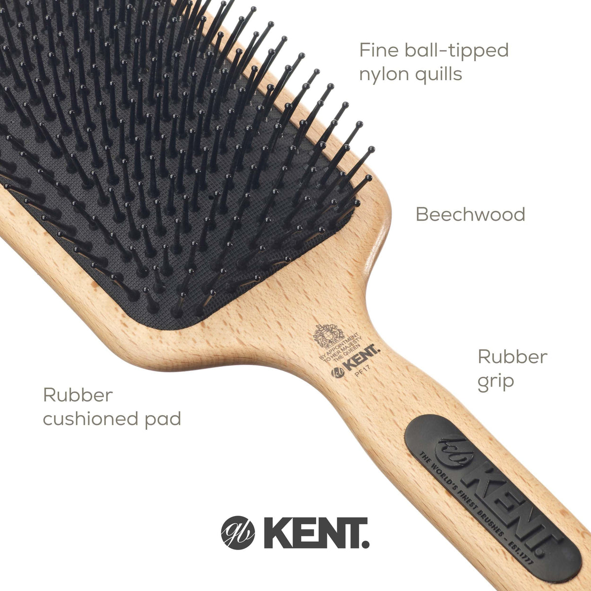 Kent PF17 Large Cushion Paddle Brush, Taming Fine Pins Hair - Detangling Long, Thick, Curly Hair, Scalp Massager, Growth Stimulator. Wet or Dry Use.