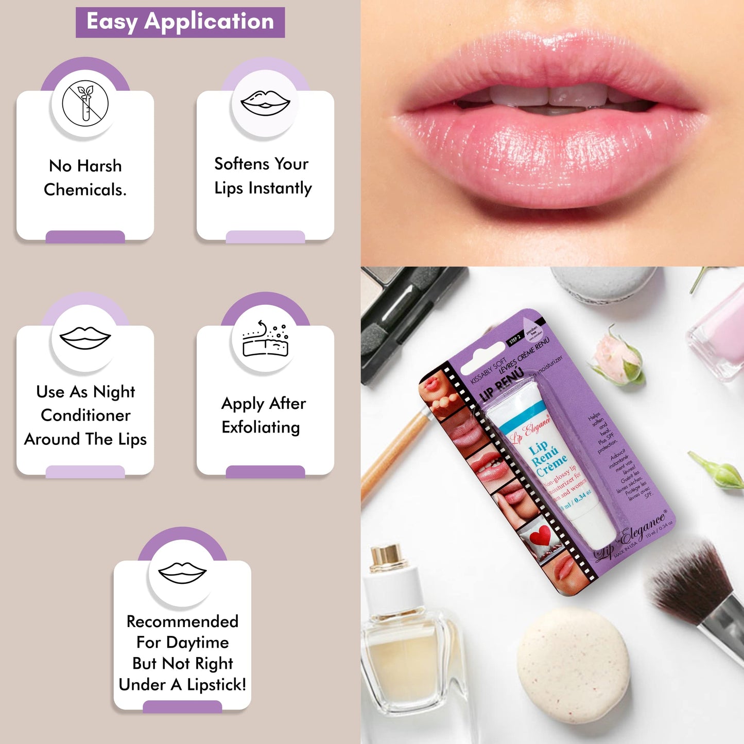 Lip Elegance Lip Renu Cream - Deep Nourishment Lip Moisturizer - Non-Glossy Lip Cream for Men and Women - SPF-6 Support for Lip Care - All-Natural Beauty and Personal Care Lip Elegance