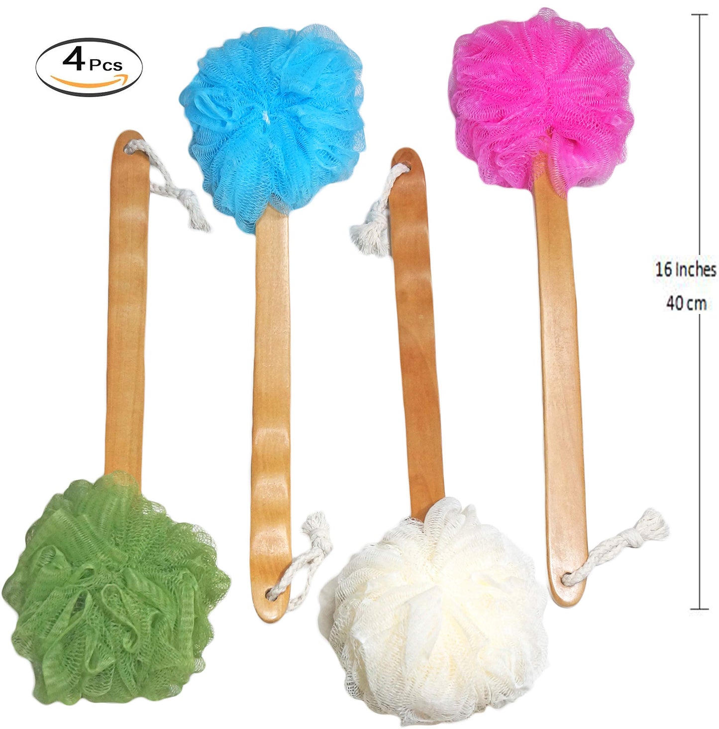 4 Pack Shower Loofah Body & Back Scrubber - Exfoliating Loofah luffa loofa Bath Brush On a Stick - with Long Wooden Handle Back Brush for Men & Women Beauty & Personal Care JINS-Hung