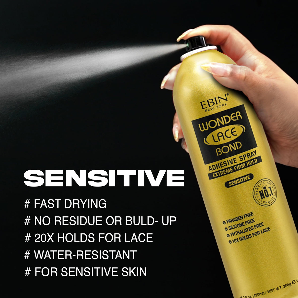 Wonder Lace Bond Adhesive Spray - Sensitive 6.34fl.oz./180ml | Fast Drying, No Residue, Long Lasting Formula with Protecting Edges Lace Front Wig Bond