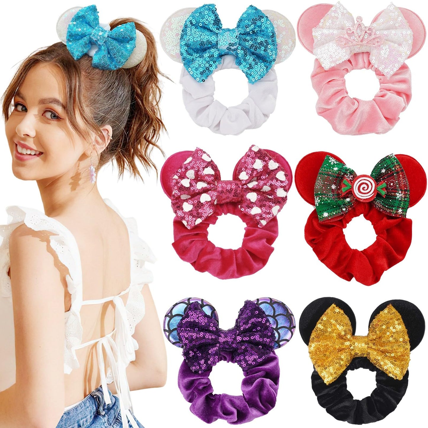 6 Pack Mouse Ears Scrunchies Velvet Sparkle Sequin Bows Hair Scrunchies Hair Ties Elastic Rubber Bands Christmas Ponytail Holders for Kids Women Girls Beauty and Personal Care CellElection Default Title