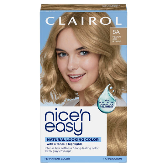 Clairol Nice'n Easy Permanent Hair Dye, 8A Medium Ash Blonde | 100% Gray Coverage | Long?Lasting, Natural?Looking Color & Shine | Pack of 1 Beauty & Personal Care Clairol