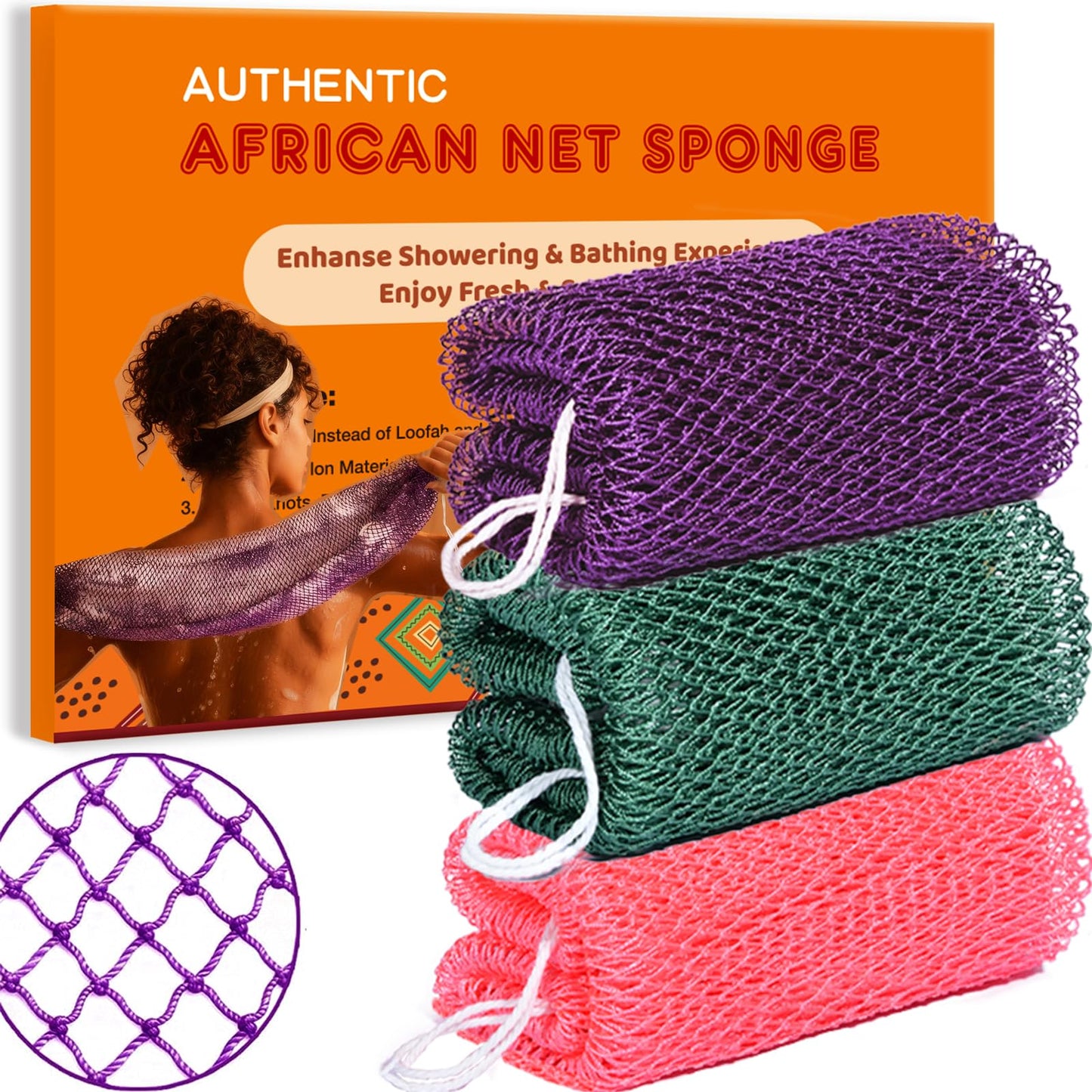 African Net Sponge Authentic, 3 Pieces African Exfoliating Net Sponge Body Back Scrubber Exfoliating Washcloth for Shower Bath for All Types Skin Beauty and Personal Care HAITOO Default Title