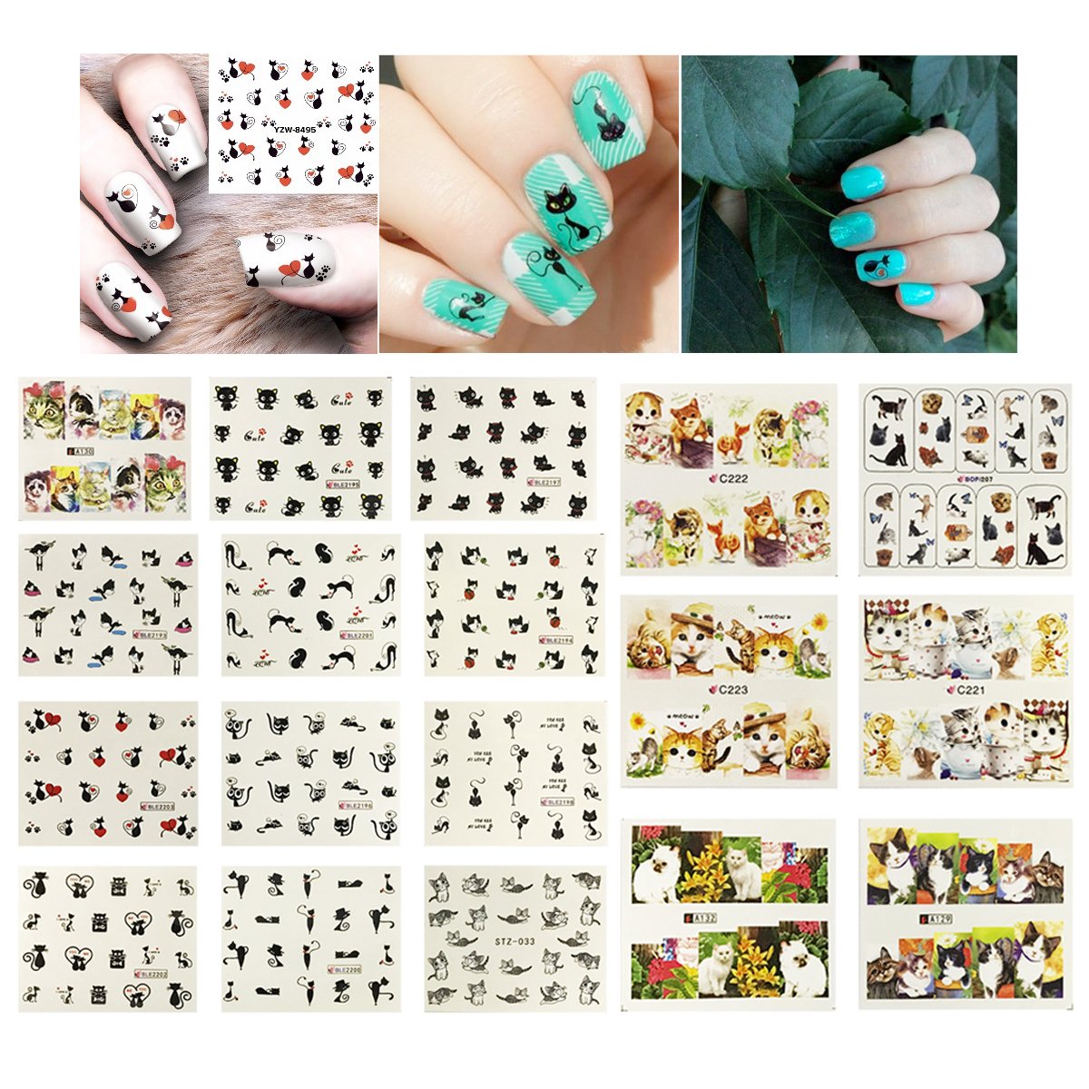ALLYDREW 22 Sheets Cat Nail Art Water Slide Cat Nail Decals Kitty Water Transfer Nail Decals Beauty & Personal Care allydrew