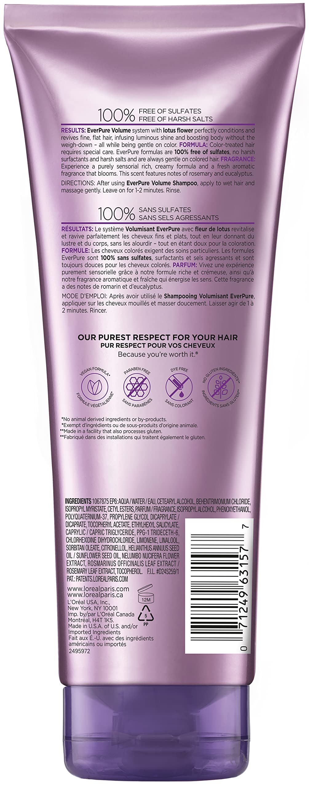 L'Oreal Paris EverPure Volume Sulfate Free Conditioner for Color-Treated Hair, Volume + Shine for Fine, Flat Hair, with Lotus Flower, 11 Fl; Oz Beauty & Personal Care L'Oreal Paris