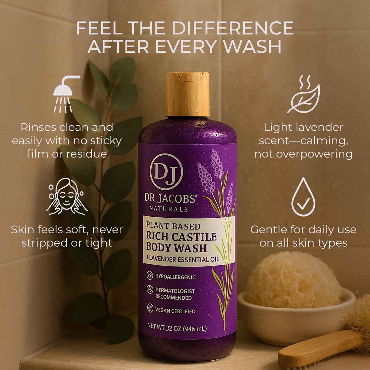 Dr. Jacobs Naturals Pure Castile Soap Liquid Body Wash, Lavender - Plant Based Soap Infused with Vitamin E and Aloe Vera to Moisturize Dry Beauty & Personal Care DR.JACOBS NATURALS