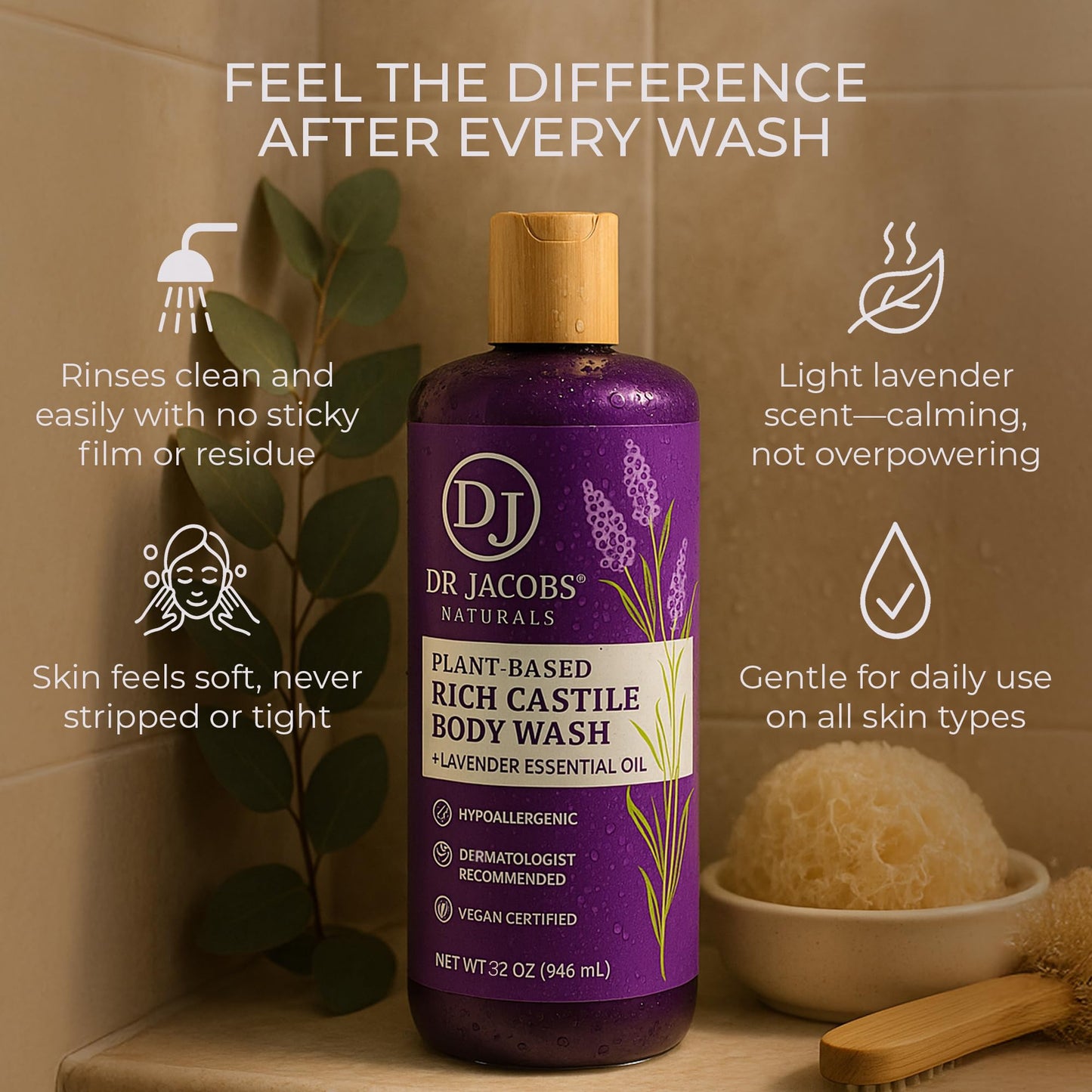 Dr. Jacobs Naturals Castile Lavender All-Natural Body Wash for Moisturizing Dry and Sensitive Skin with Plant-Based Ingredients with Pump - 32 Ounce Beauty & Personal Care DR.JACOBS NATURALS