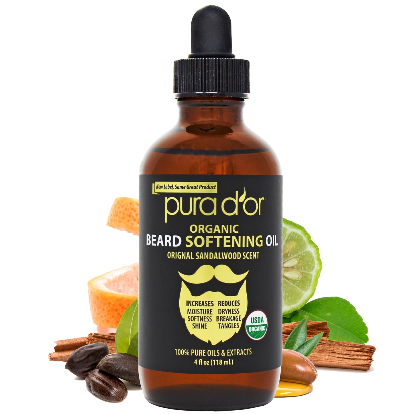 PURA D'OR 4 Oz ORGANIC Beard Softening Oil - Original Sandalwood Scent - Leave-In Conditioner, Argan & Jojoba Oil - Mustache Care & Maintenance Beauty and Personal Care PURA D'OR