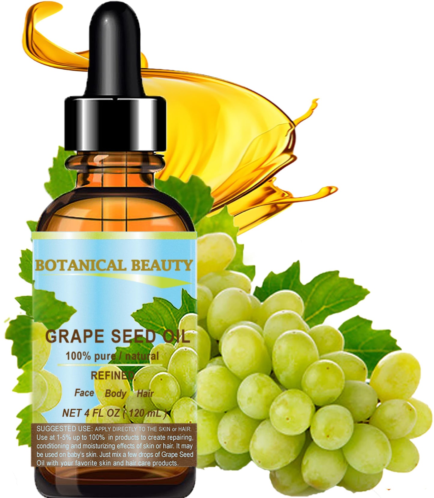 Botanical Beauty GRAPE SEED OIL 100% Pure Natural Undiluted Refined Cold Pressed Carrier Oil for Face, Skin, Body, Hair, Massage, Lip, Nails. 4 Fl Beauty & Personal Care Botanical Beauty