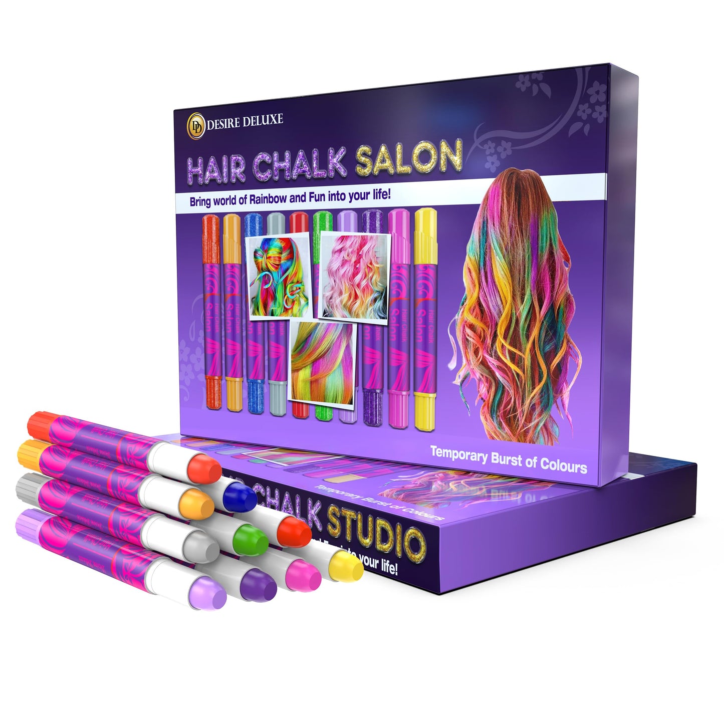 Desire Deluxe Girls Gifts Hair Chalk - 10 Temporary Washable Color Pens for Kids, Teenage, Make Up & Dress Up Colourful Styles Set Toy for Christmas Beauty and Personal Care Desire Deluxe