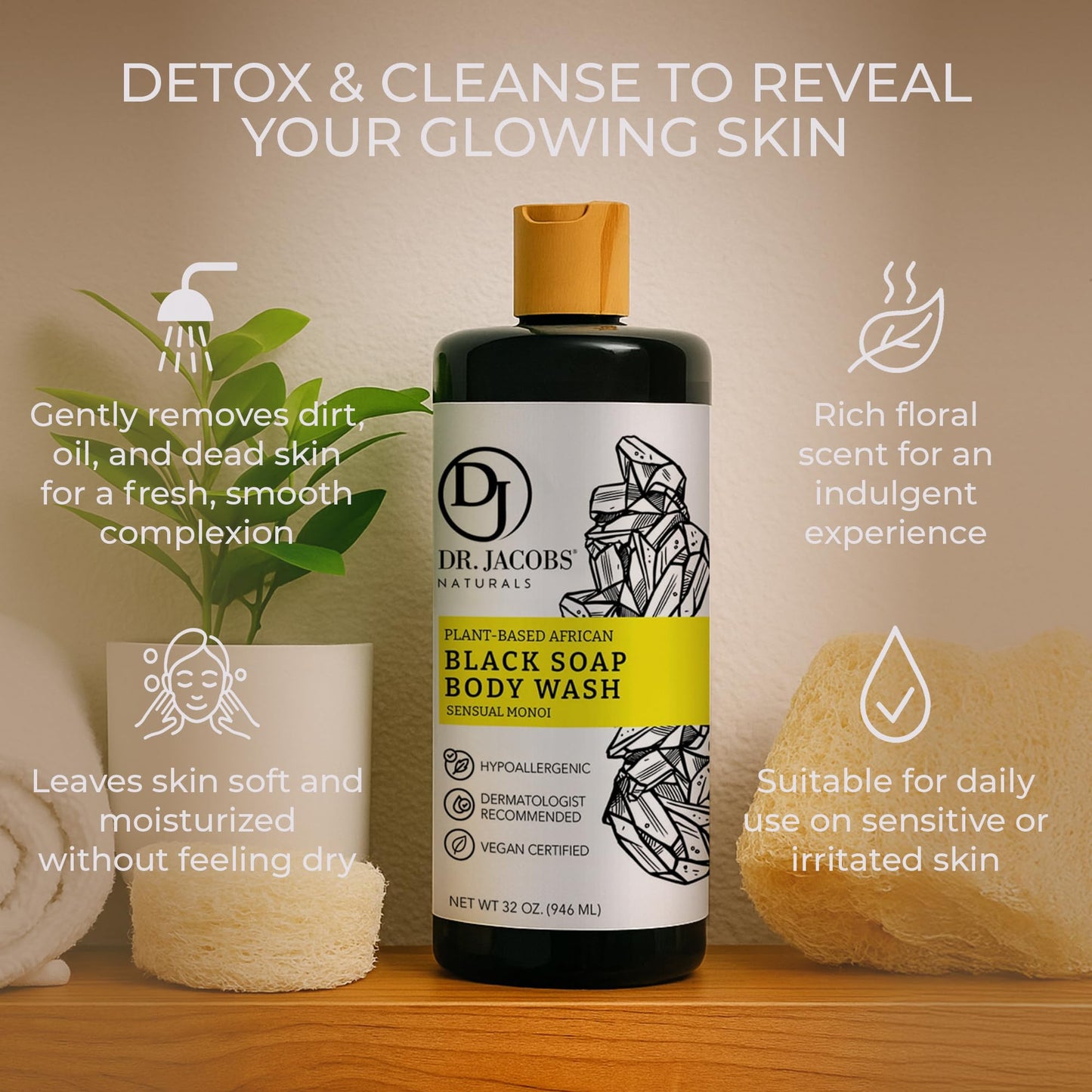 Dr Jacobs Naturals Authentic African Black Liquid Soap with Sensual Monoi Scent | All-In-One Face Wash, Sensitive Skin Body Wash, Shampoo, Shaving Beauty & Personal Care DR.JACOBS NATURALS