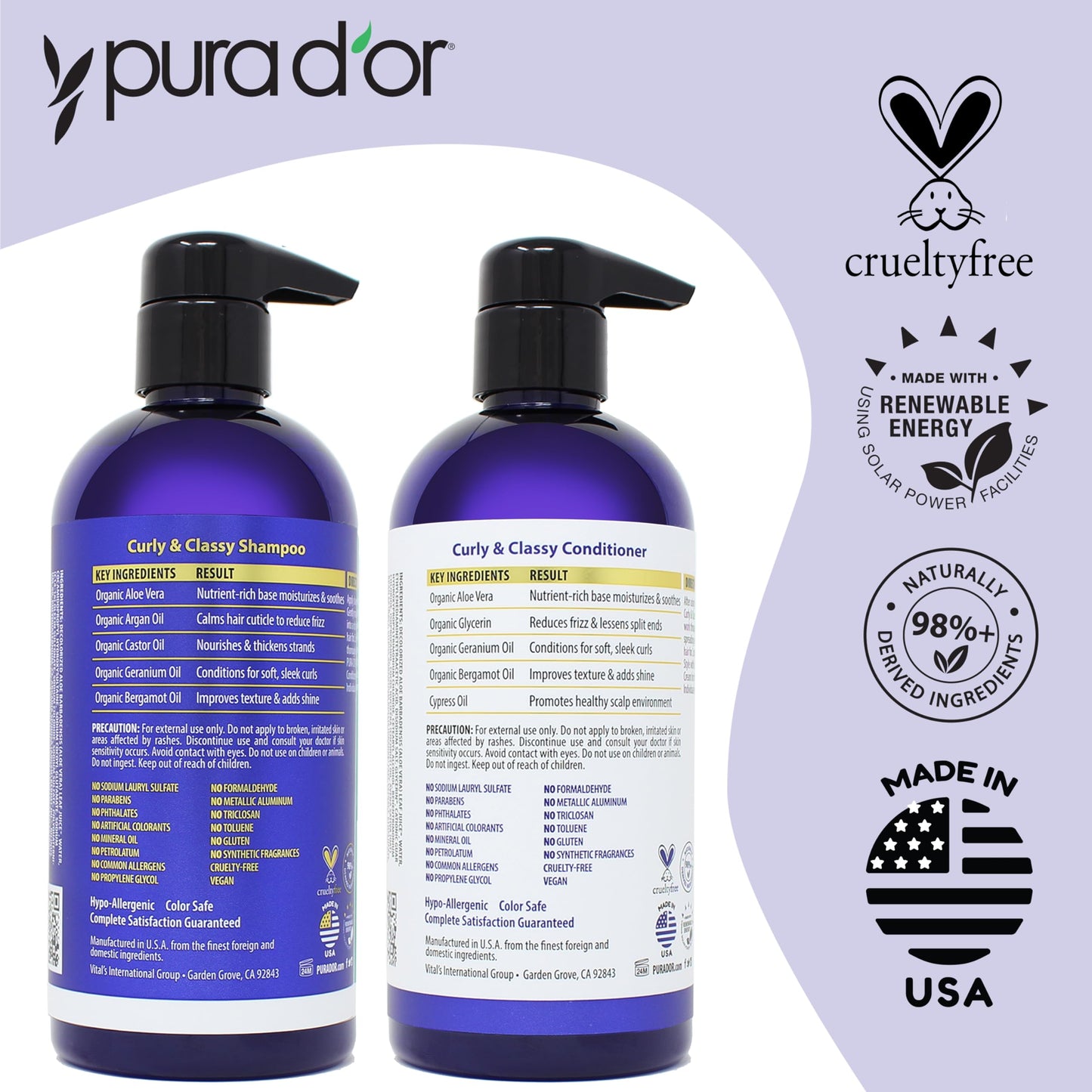 PURA D'OR Curly & Classy Shampoo & Conditioner Set for Defined Curls - Nourishing Formula with Argan, Castor, Geranium, Coconut & Kukui Seed Oils Beauty & Personal Care PURA D'OR