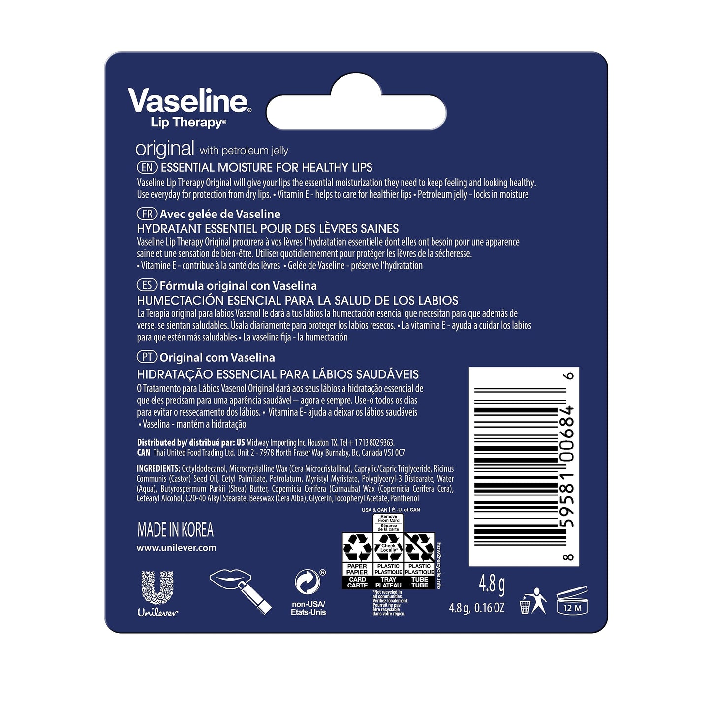 Vaseline Lip Therapy Care Original, Fast-Acting Nourishment, Ideal for Chapped, Dry, Cracked, or Damaged Lips, Lip Balm, 0.16 Ounce (Pack of 4) Beauty & Personal Care Vaseline