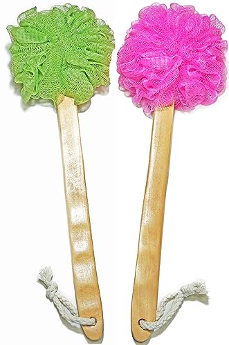 Shower Loofah Body & Back Scrubber - Exfoliating Loofah luffa loofa Bath Brush On a Stick - with Long Wooden Handle Back Brush for Men & Women - Easy Beauty & Personal Care JINS-Hung