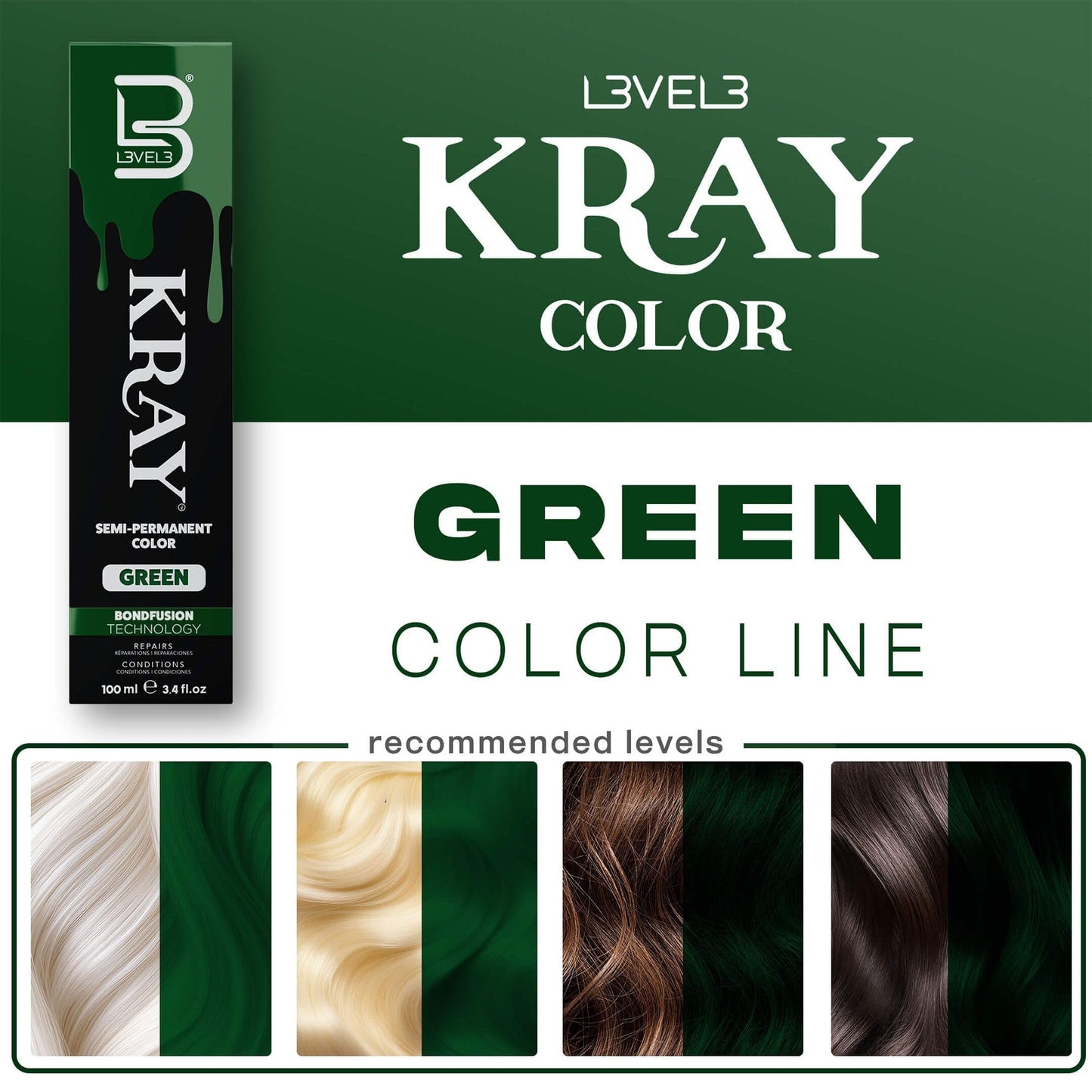 L3 - Level 3 Kray Semi Permanent Hair Color - Semi Permanent Hair Dye with Aloe Vera - Green Beauty & Personal Care L3