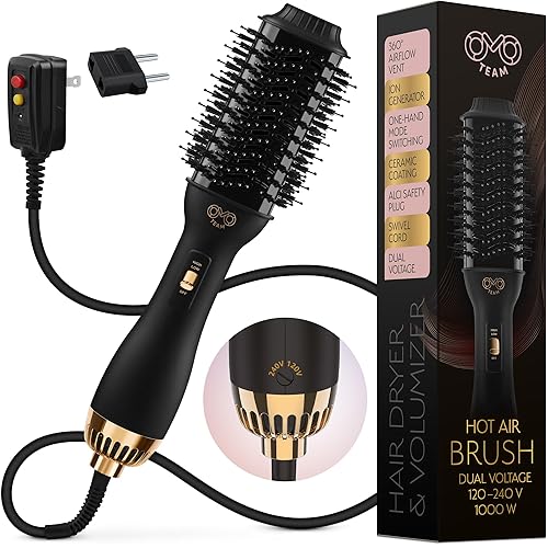 Manual Dual Voltage Blowout Hair Dryer Brush, Professional Hot Air Brush for European Travel 110V-120V/220V-240V, Black Gold Dryer and Volumizer Beauty & Personal Care OMOteam