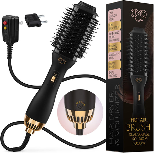 Manual Dual Voltage Blowout Hair Dryer Brush, Professional Hot Air Brush for European Travel 110V-120V/220V-240V, Black Gold Dryer and Volumizer Beauty & Personal Care OMOteam