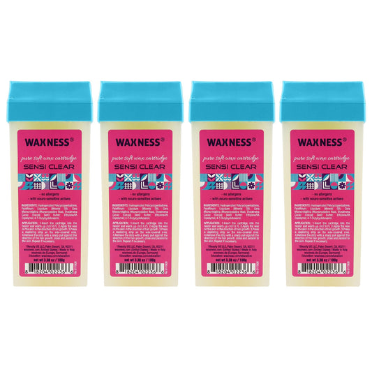 Waxness Sensi Clear Pure Soft Wax Cartridge Pack of 4 × 3.38 oz (100 g)- Rosin-Free Clear Gel Strip Wax with Neuro-Active Comfort Complex, Roll-On Beauty and Personal Care Waxness
