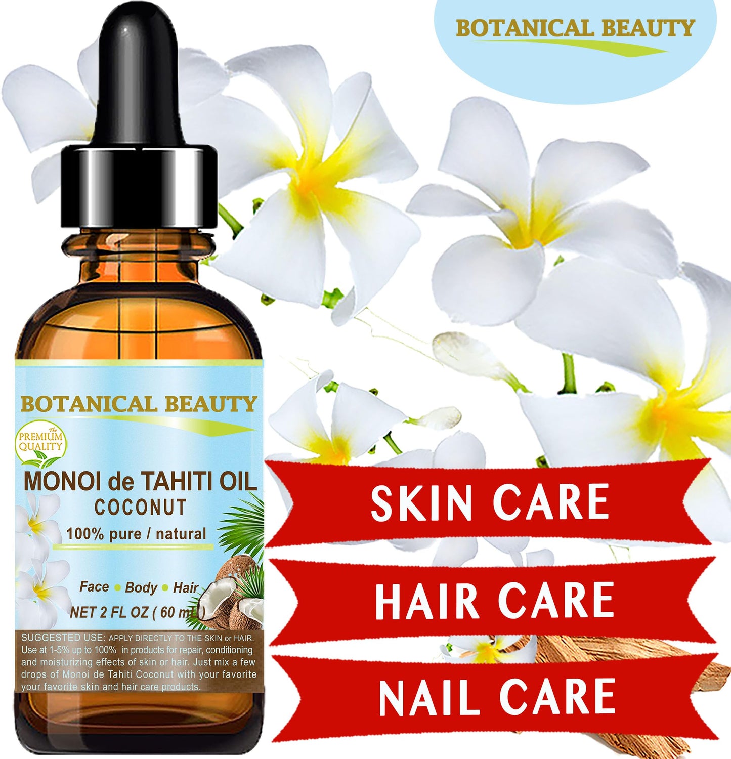 Botanical Beauty MONOI de TAHITI OIL COCONUT 100% Pure Natural Virgin Unrefined RAW 2 Fl. Oz.- 60 ml for FACE, SKIN, BODY, HAIR, NAILS Beauty & Personal Care Botanical Beauty