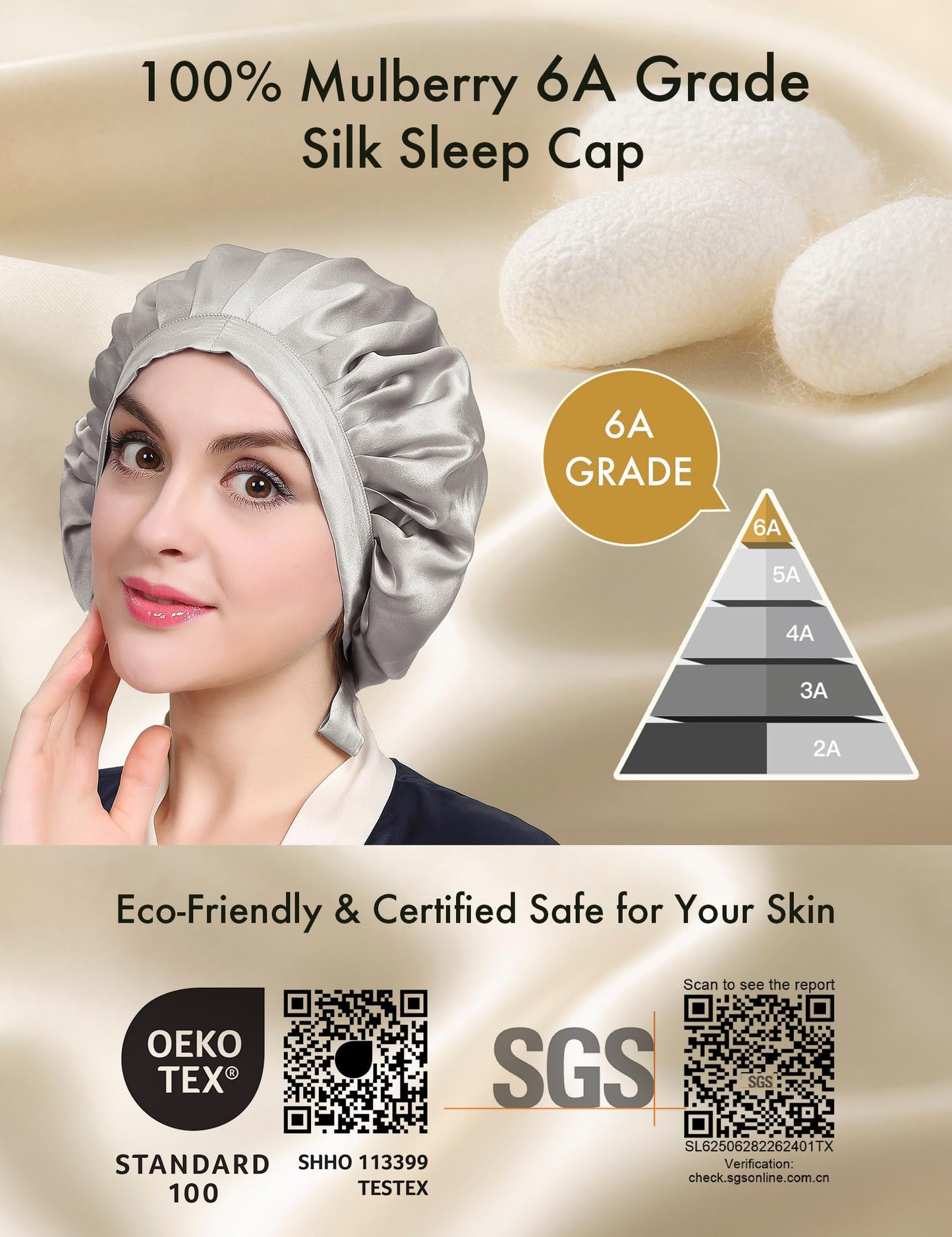LilySilk 100% Mulberry Silk Bonnet, Silk Night Sleep Cap Adjustable Hair Wrap for Sleeping, Silvergray Beauty and Personal Care LilySilk