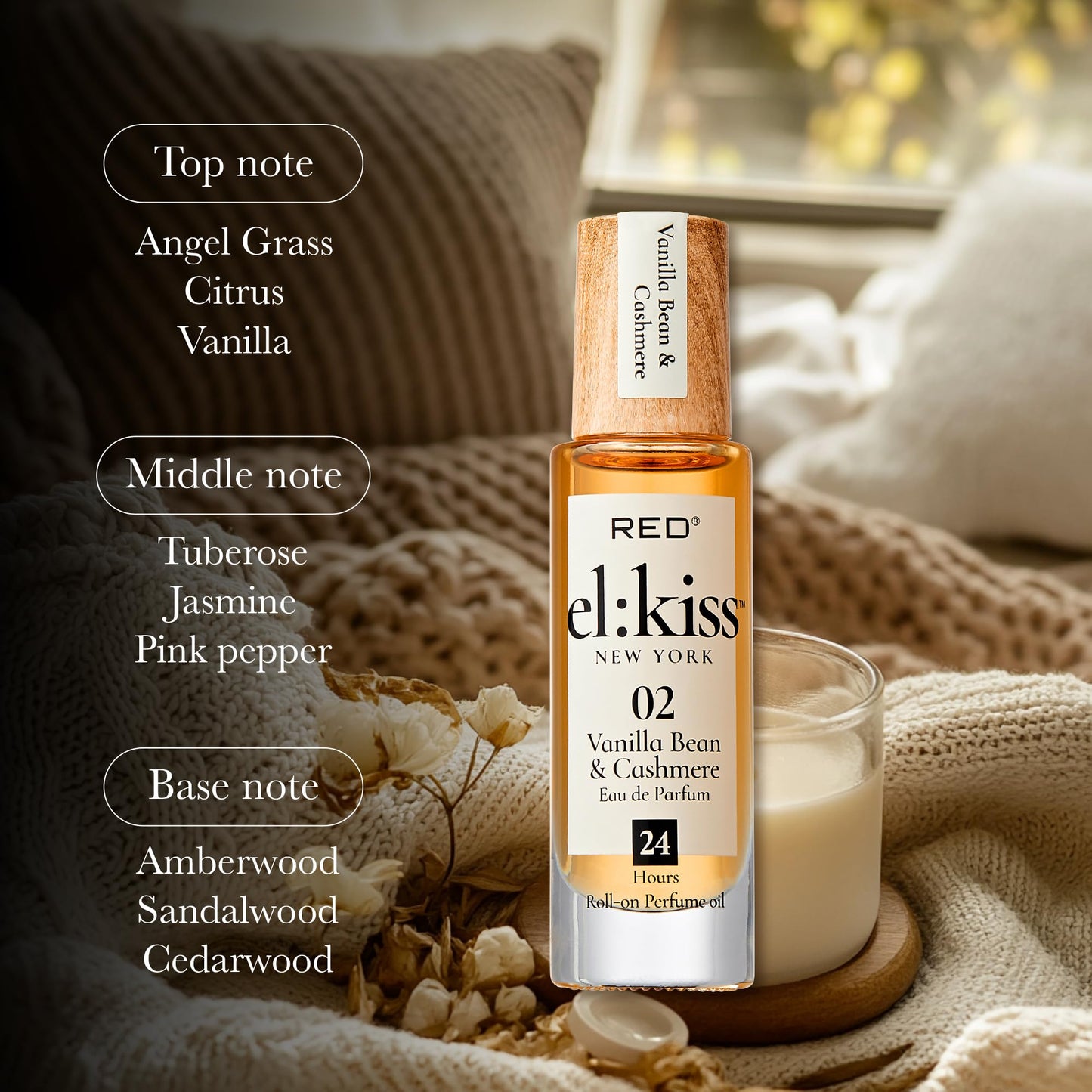 EL:KISS Roll On Perfume, Vanilla Bean & Cashmere Eau de Parfum 12mL (.40 Fl Oz), Hydrating & Long-Lasting, Alcohol-Free & Mineral Oil-Free, Infused Beauty & Personal Care EL:KISS