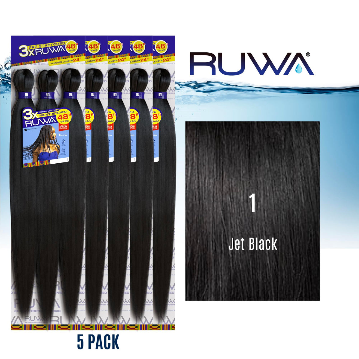 Sensationnel Ruwa Prestretched Braiding Hair-3X 48 Inch,5 pack 1 JETBLACK