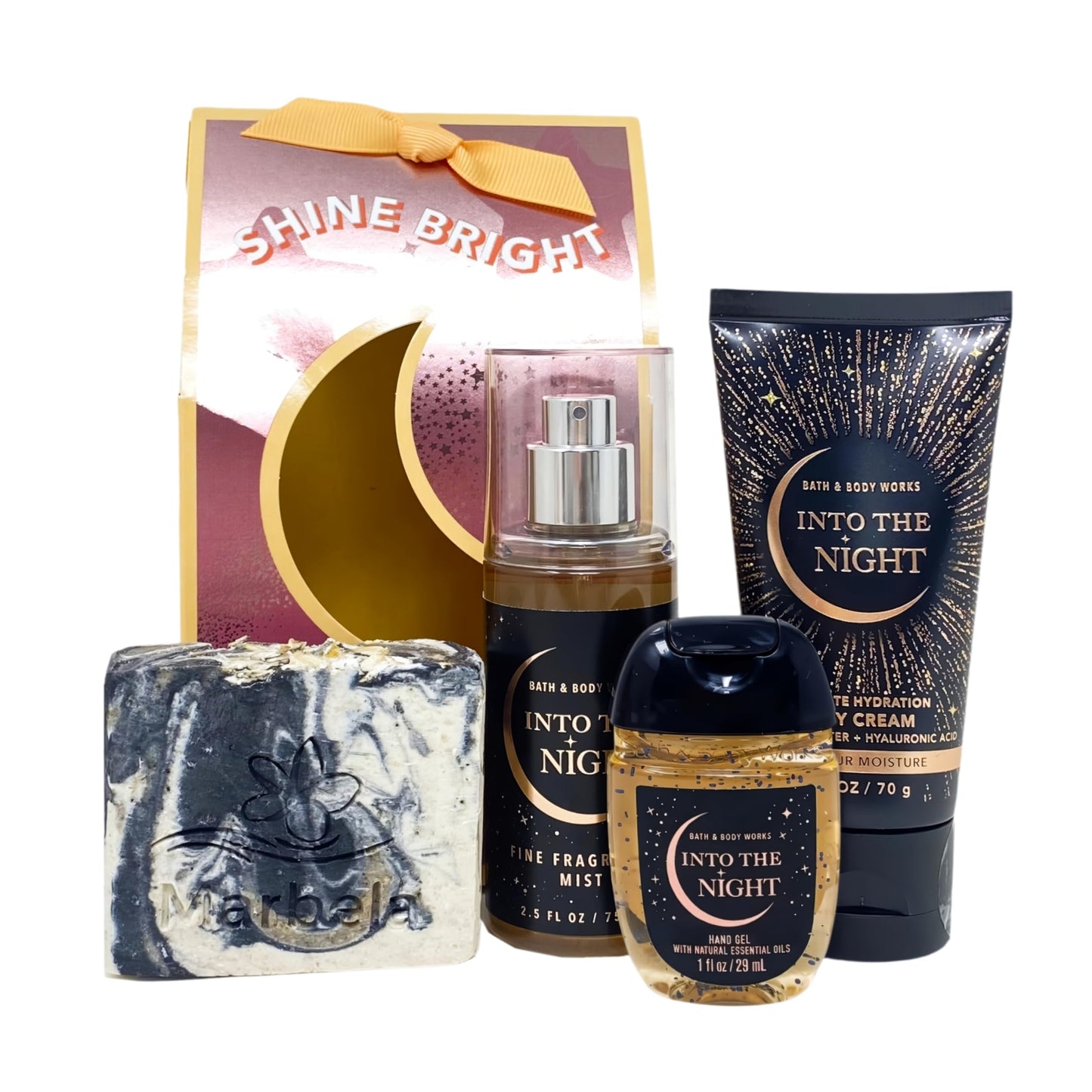 Bath & Body Works Into The Night Shine Bright - Mini Gift Bag Set Travel Size - Fragrance Mist - Body Cream - Hand Gel and a Charcoal Scrub Bar Soap. Beauty and Personal Care Bath & Body Works