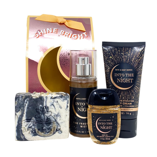 Bath & Body Works Into The Night Shine Bright - Mini Gift Bag Set Travel Size - Fragrance Mist - Body Cream - Hand Gel and a Charcoal Scrub Bar Soap. Beauty and Personal Care Bath & Body Works