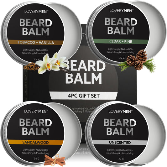 LOVERY Beard Balm for Men, Gift Set in Unscented, Sandalwood, Tobacco Vanilla, Cedar Pine Fragrances, All-Natural Wax, Cream Softener Butter, 4 Pack Beauty and Personal Care LOVERY