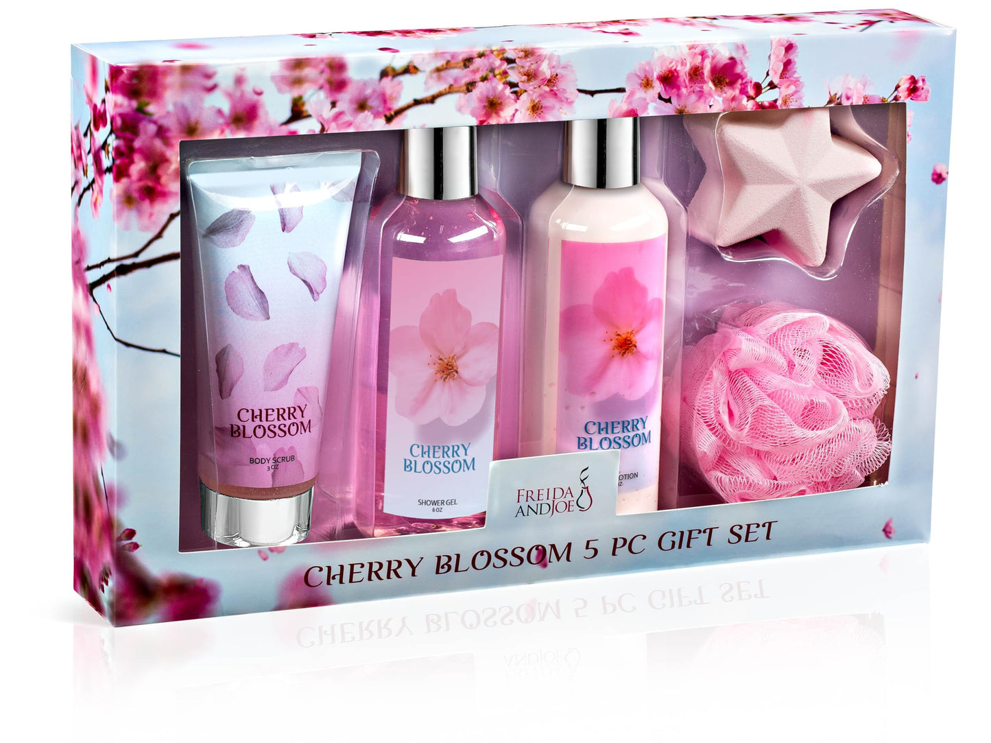 Fragrance Bath & Body Collection Gift Box, Includes Shower Gel, Body Lotion, Body Scrub, Bath Bomb & Sponge (Blue Cherry Blossom) - Mother's Day Gift Beauty and Personal Care Freida and Joe