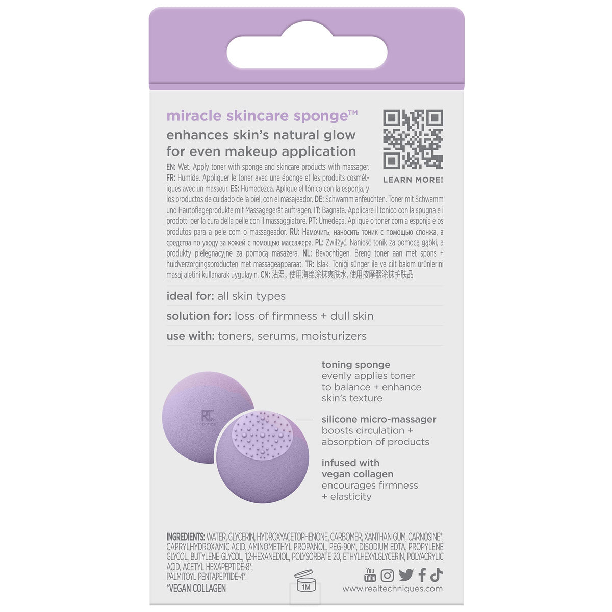 Real Techniques Miracle Skincare Sponge, Beauty Sponge Infused With Vegan Collagen, Reusable Skincare Sponge for Facial Serums & Moisturizers, Purple