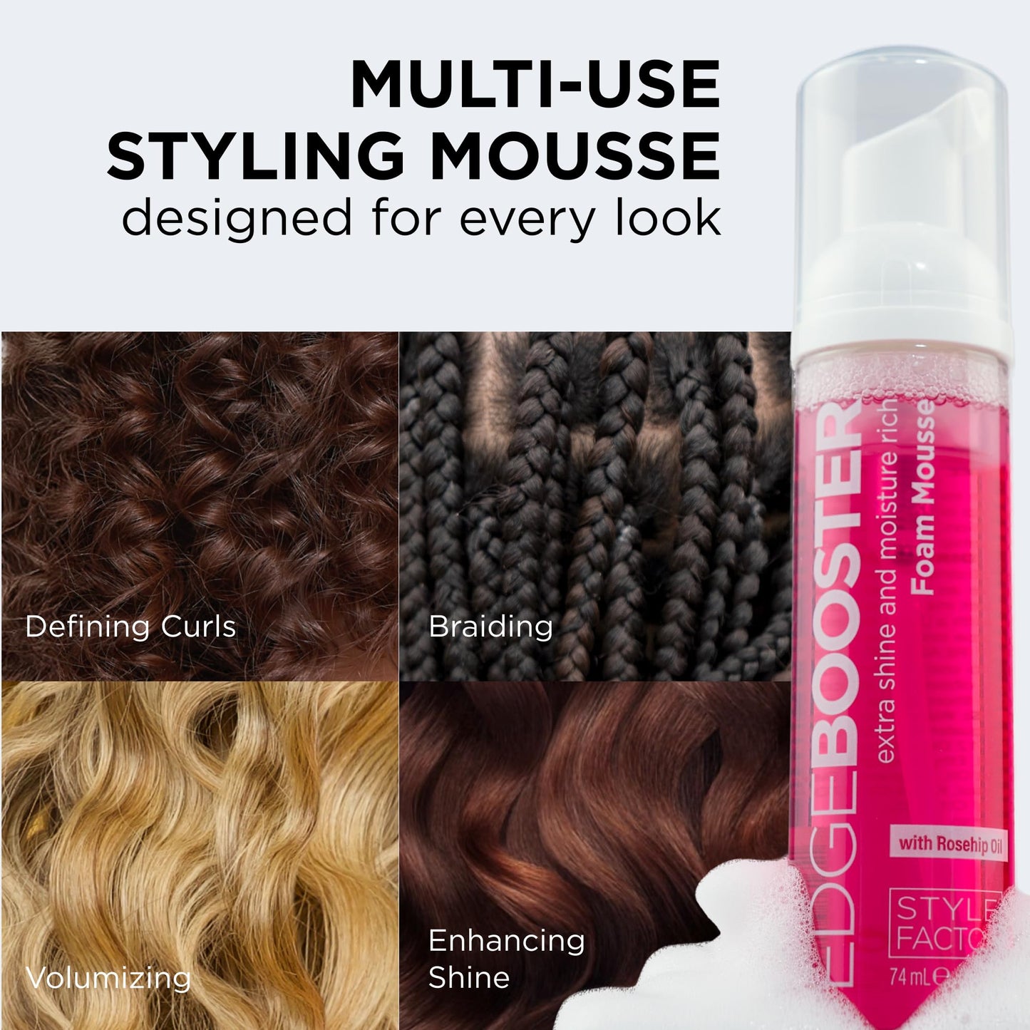 Style Factor EDGE BOOSTER Extra Shine & Moisture Rich Foam Mousse | Lightweight Styling for Curls, Waves, Braids, Locs & Protective Styles | Volume Beauty & Personal Care Style Factor