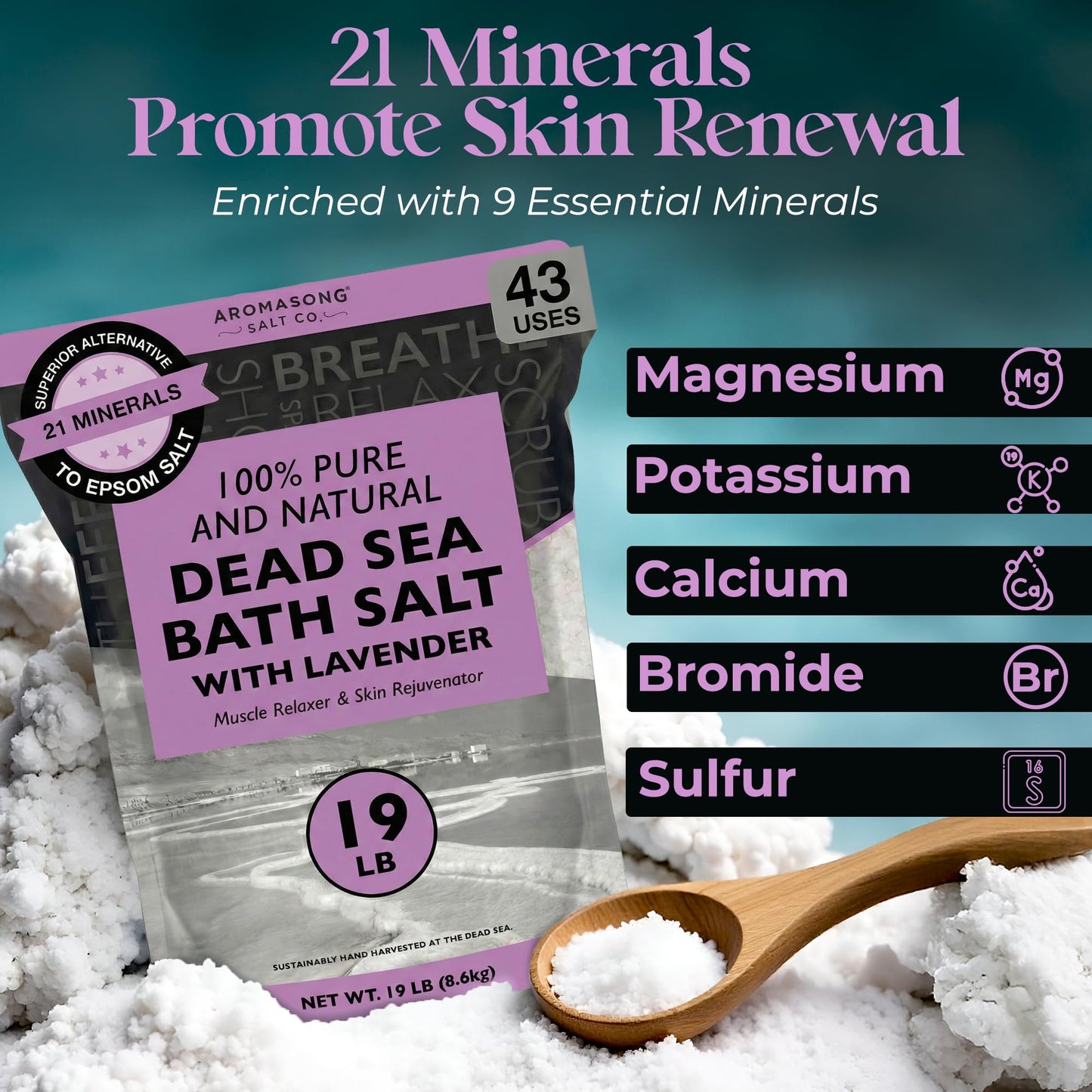 Aromasong Pure Dead Sea Salt for Soaking with 100% Natural Lavender, 19 LB - Spa Bath Salt Fine Grain - Body Wash Scrub - Soak for Women & Men- Bulk Beauty & Personal Care Aromasong