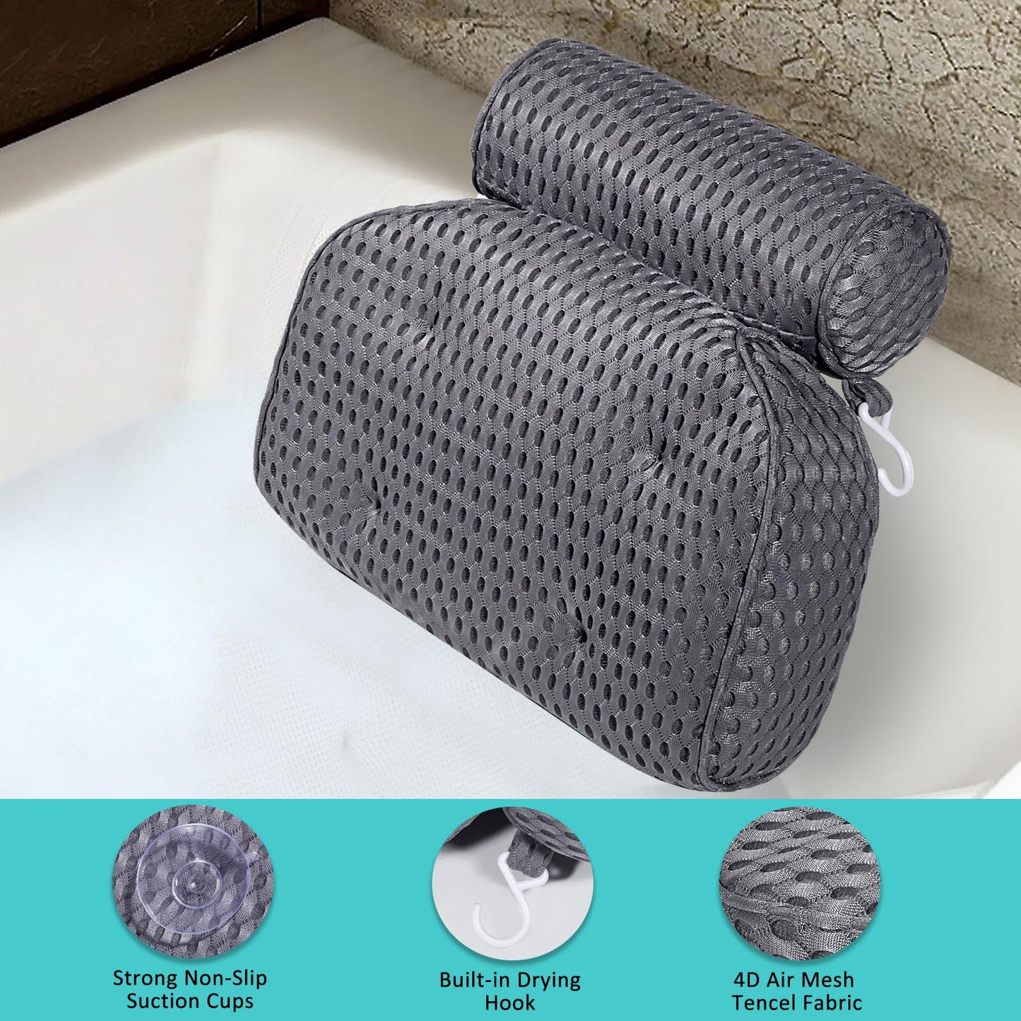 Bath Pillow for Tub Support Neck and Back, Bathtub Pillow Bath Accessories for Bathtub Women, Hot Tub Accessories for Adults Gray Beauty and Personal Care YIGO MASTER